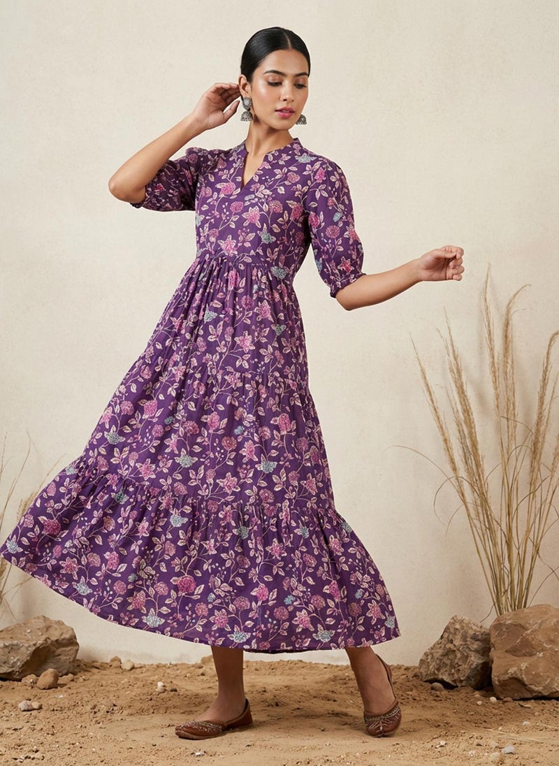 Globus Women Purple Mandarin Collar Puff Sleeves Floral Print Waist Tie-Ups Tiered Midi A-Line Fusion Dress - Image 3